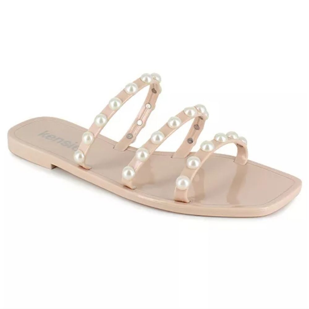 STEVE MADDEN WOMEN"S ROUND PEARL EMBROIDERY EMBELLISHMENTS FLAT SANDAL